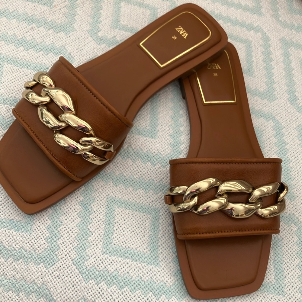 Zara Gold Chain Brown Sandals
